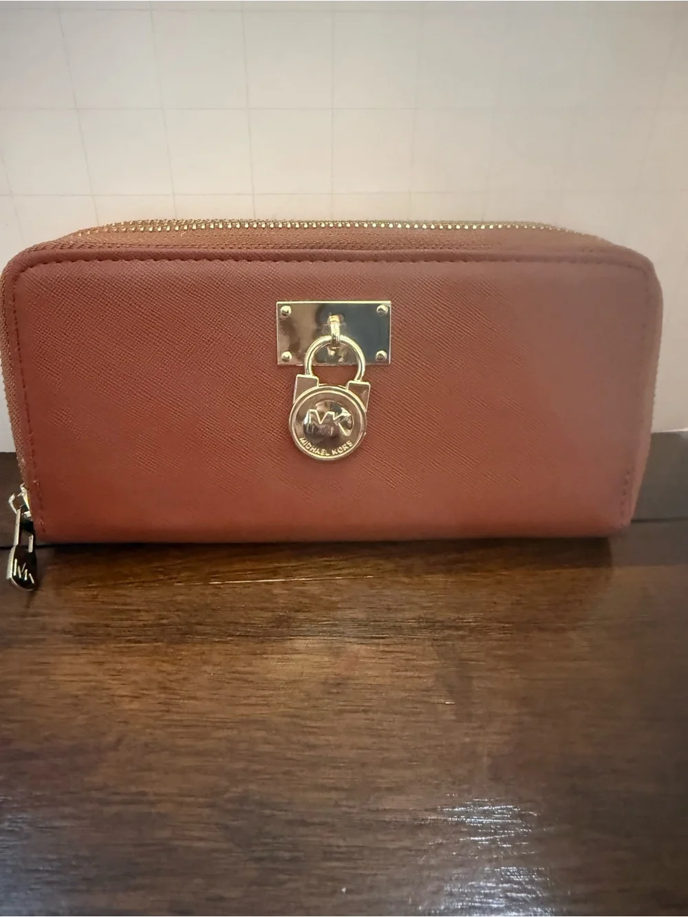 Michael Kors Saffiano Zip Wallet in Cognac Brown with Gold Hardware